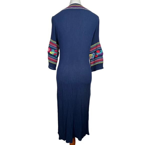 BOHO BLOSSOM MAXI CREPE Linen Blend Gauzy DRESS NAVY Floral EMBROIDERY Medium - Picture 3 of 13